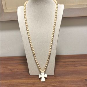 Rosary Necklace Long with Light Wood Beads & Natural Magnesite Stone Cross.